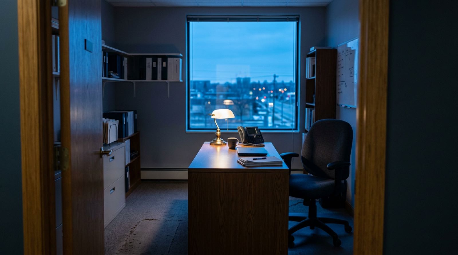 An empty accounting office at dusk with one desk lamp lit and a phone on the desk