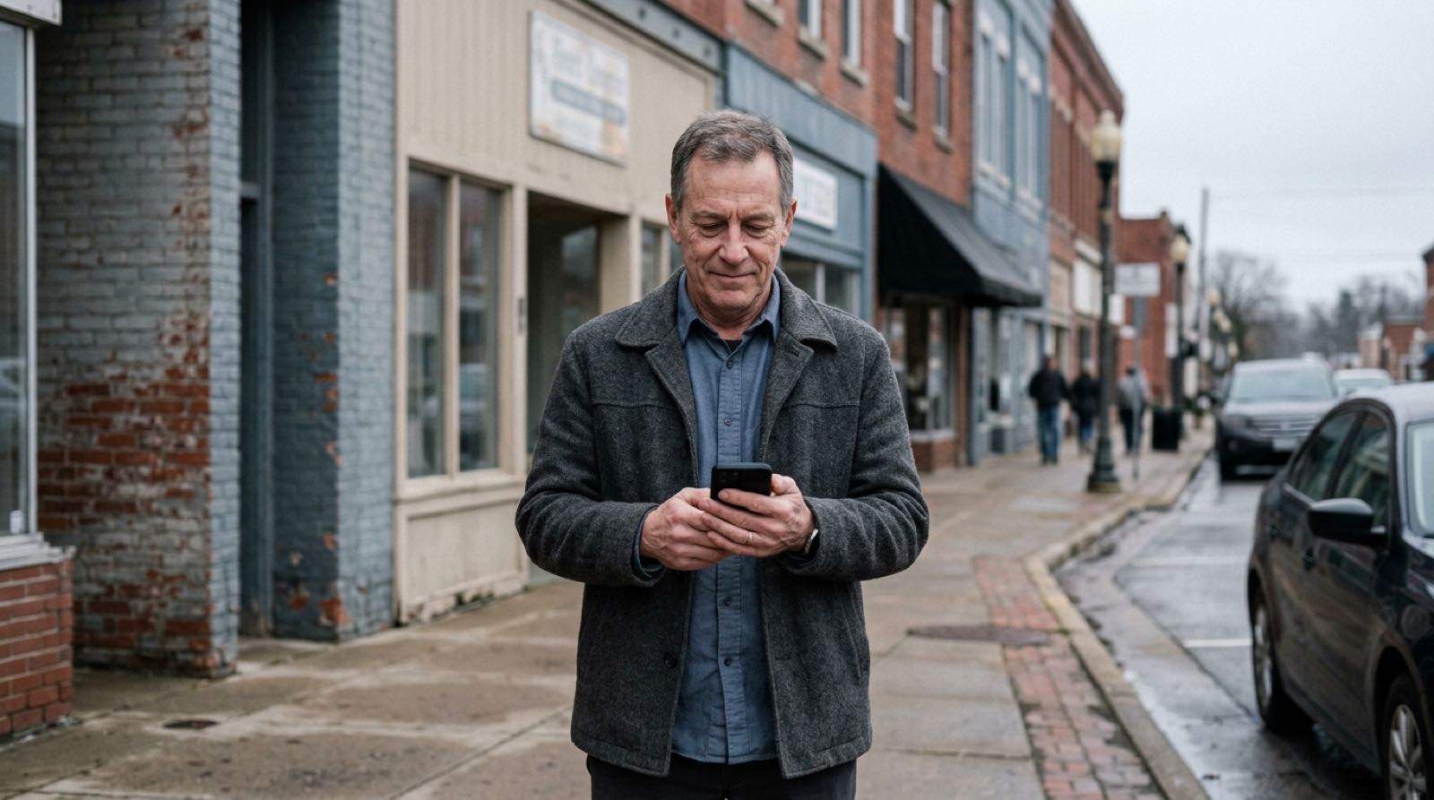 A man on a small-town sidewalk looking doubtfully at his phone