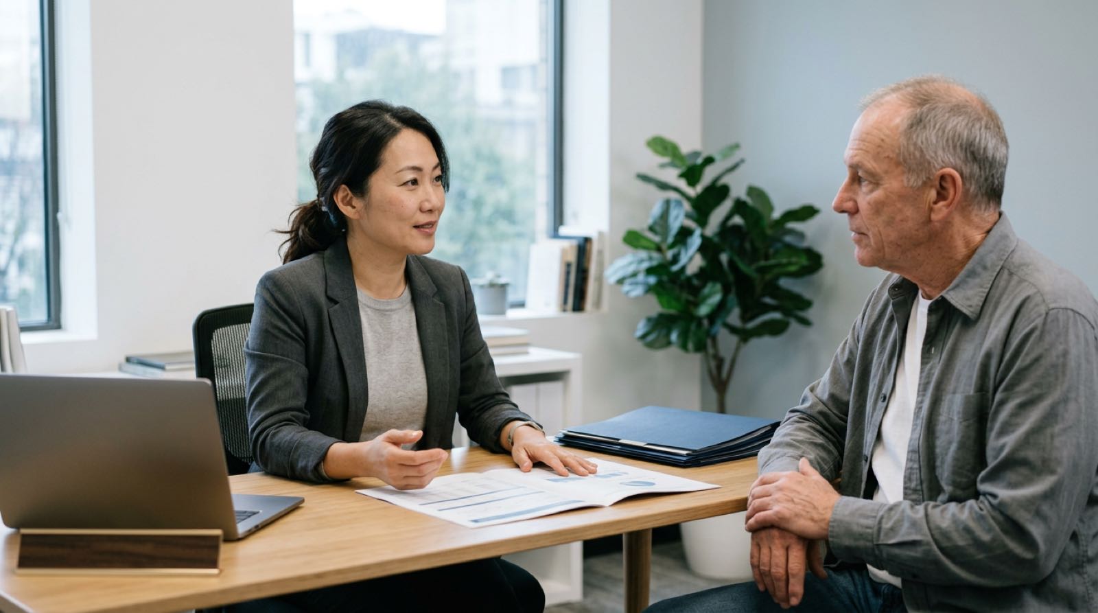 An accountant explaining a printed statement to a client at her desk